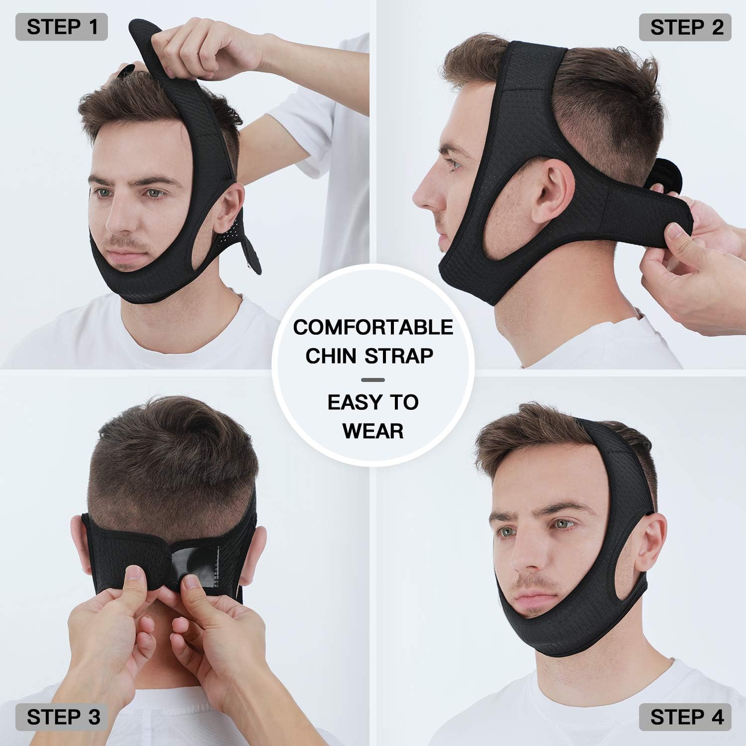 Elastic anti-snoring chin strap with adjustable Velcro, breathable fabric, and enlarged ear holes, ensures comfort and reduce
