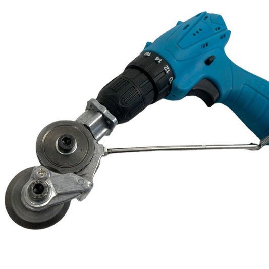 "Electric drill plate cutter for metal sheets, ergonomic design, cuts up to 3mm thick, compact and efficient tool."