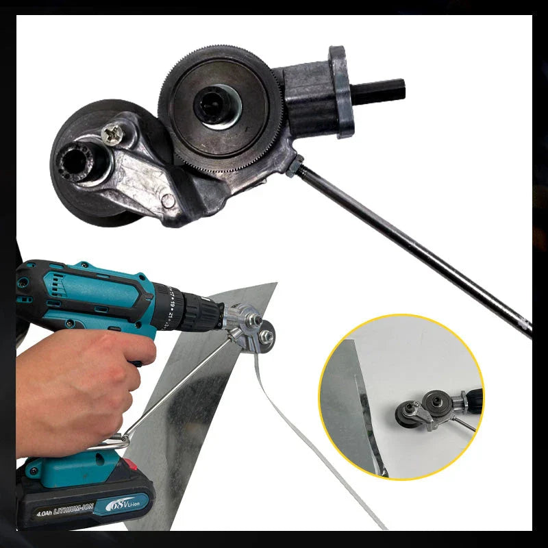 "Electric drill plate cutter for metal sheets, ergonomic design, cuts up to 3mm thick, compact and efficient tool."