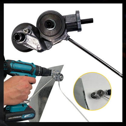 "Electric drill plate cutter for metal sheets, ergonomic design, cuts up to 3mm thick, compact and efficient tool."