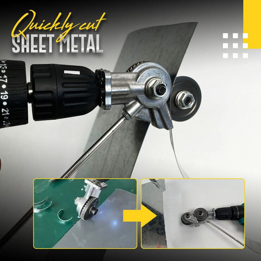 "Electric drill plate cutter for metal sheets, ergonomic design, cuts up to 3mm thick, compact and efficient tool."