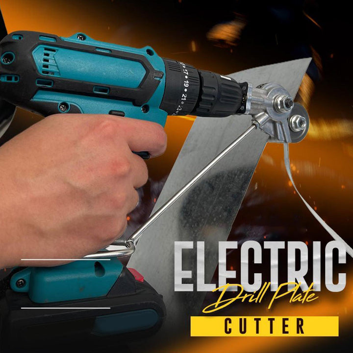 "Electric drill plate cutter for metal sheets, ergonomic design, cuts up to 3mm thick, compact and efficient tool."