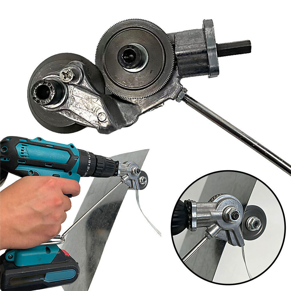 "Electric drill plate cutter for metal sheets, ergonomic design, cuts up to 3mm thick, compact and efficient tool."