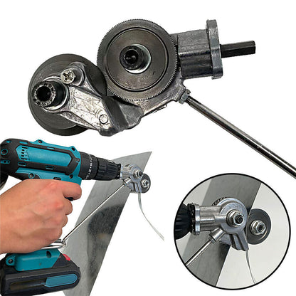 "Electric drill plate cutter for metal sheets, ergonomic design, cuts up to 3mm thick, compact and efficient tool."