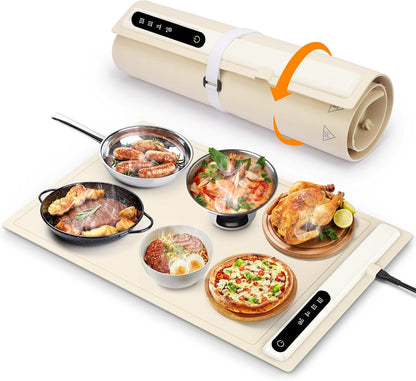 "Electric warming tray with Nano-Belt heating, spacious surface, perfect for multi-dish warming, features heat-resistant desi