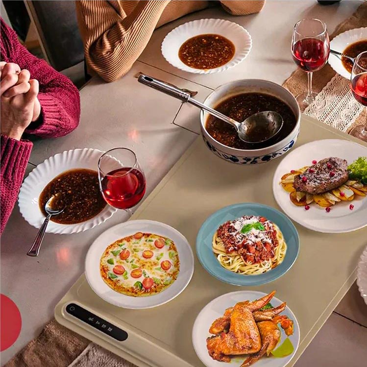 "Electric warming tray with Nano-Belt heating, spacious surface, perfect for multi-dish warming, features heat-resistant desi