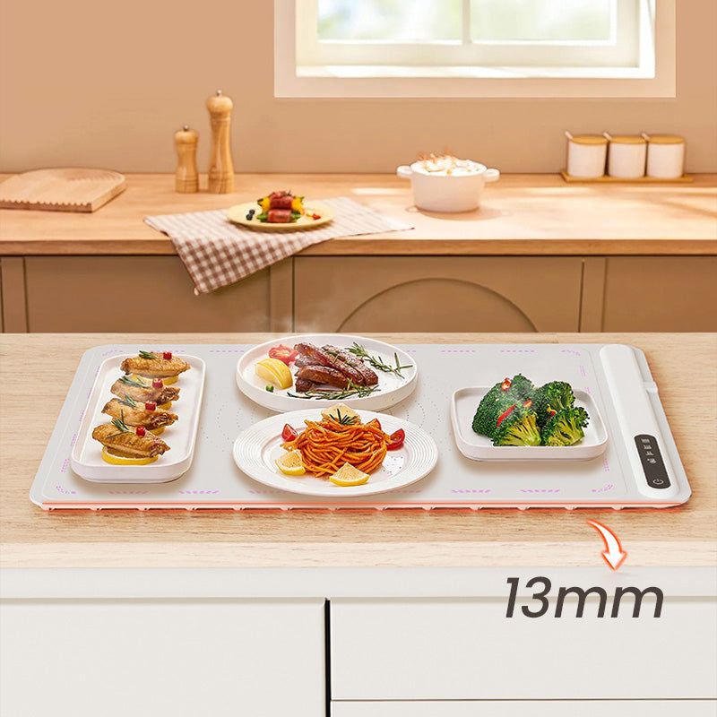 "Electric warming tray with Nano-Belt heating, spacious surface, perfect for multi-dish warming, features heat-resistant desi