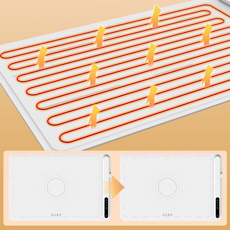 "Electric warming tray with Nano-Belt heating, spacious surface, perfect for multi-dish warming, features heat-resistant desi