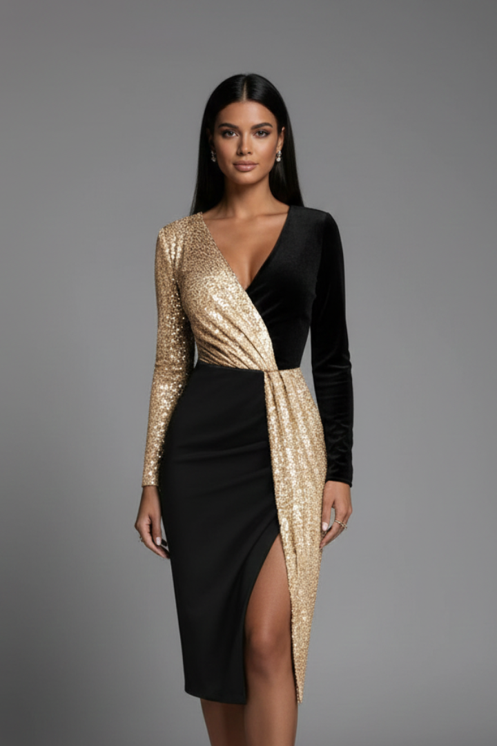 Sophisticated women's V-neck long sleeve dress with unique textured panels. Ideal for cocktail parties & evening events.