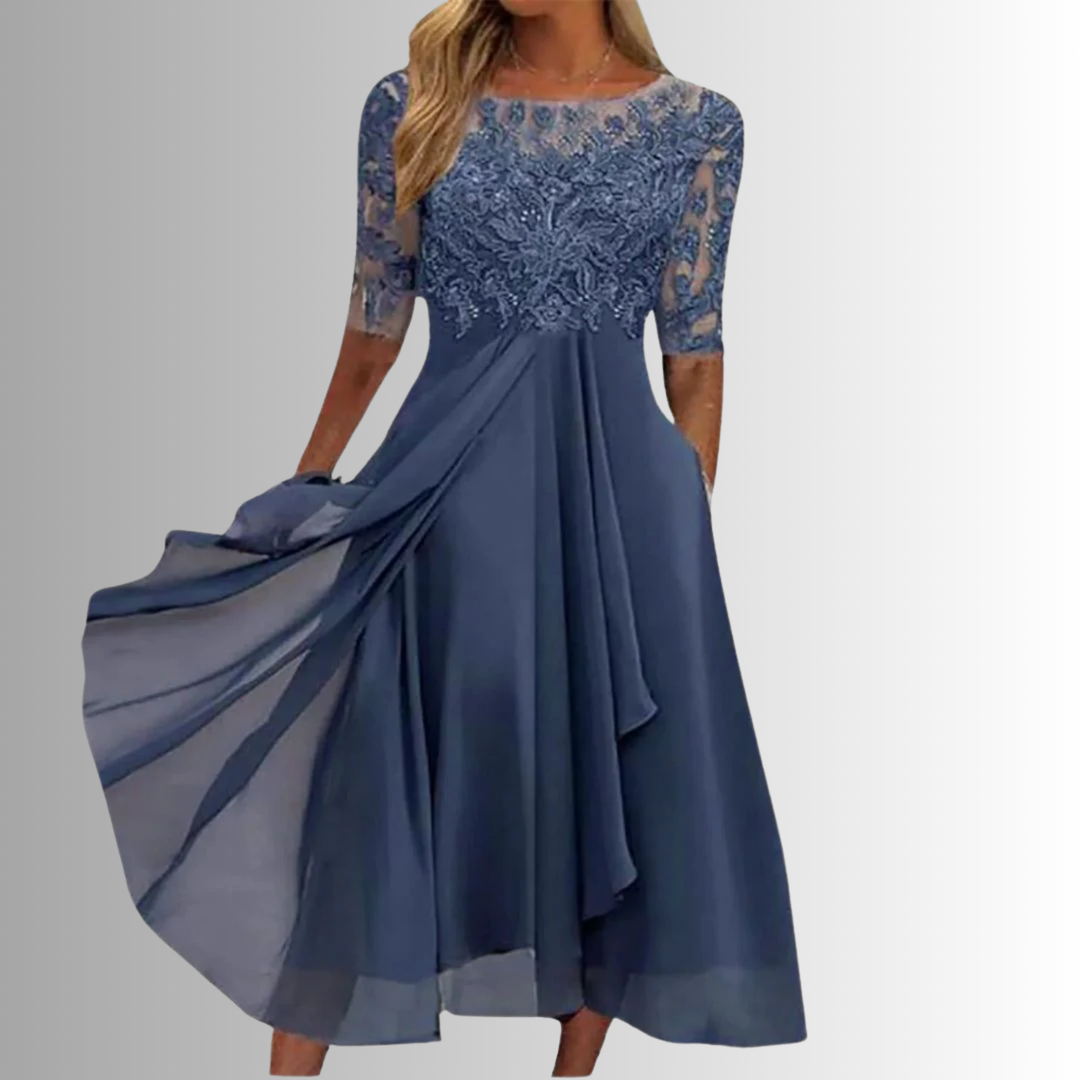 Elegant blue floral midi dress for women. Perfect special occasion, evening party, or formal event wear.