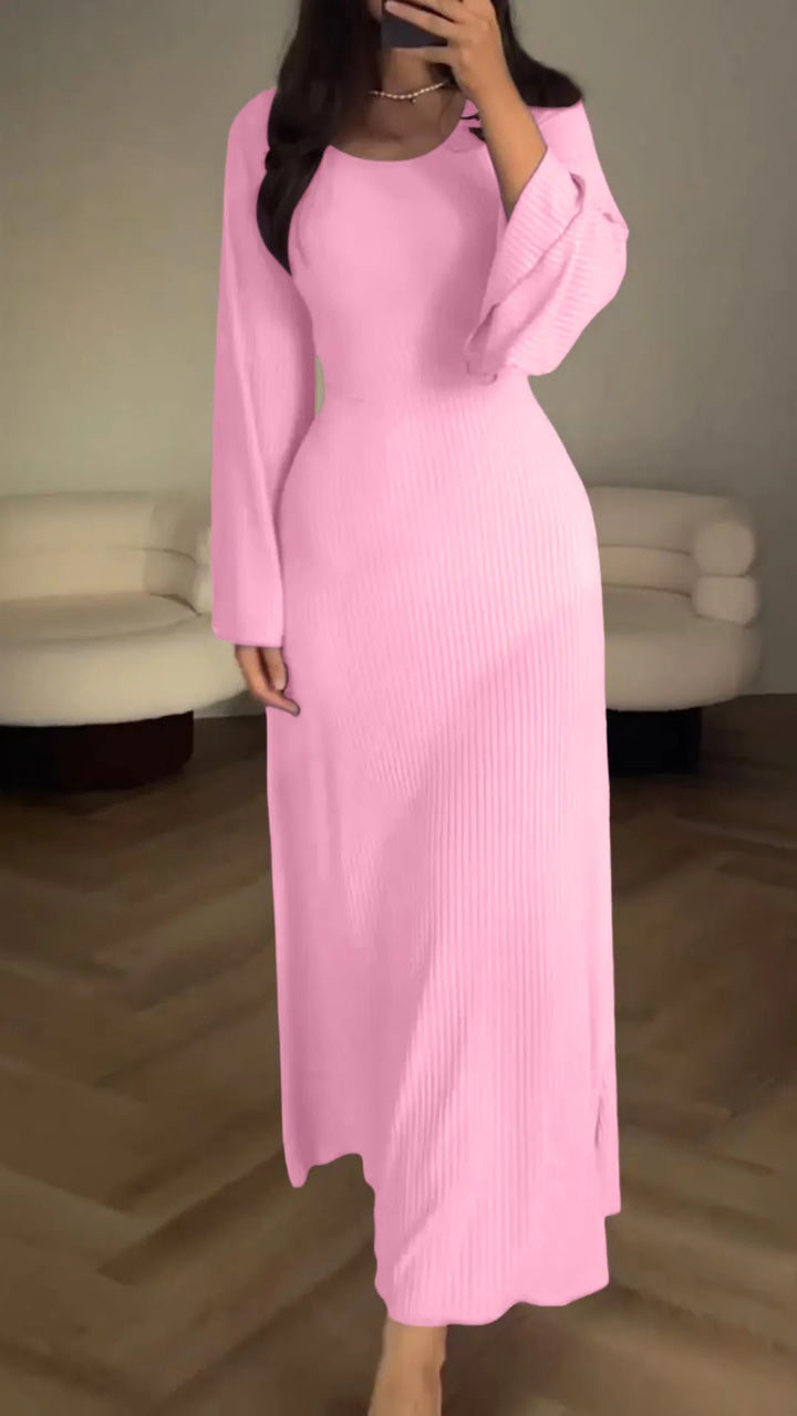 Sophisticated women's evening maxi dress, bodycon fit, featuring elegant corset lacing & long sleeves.