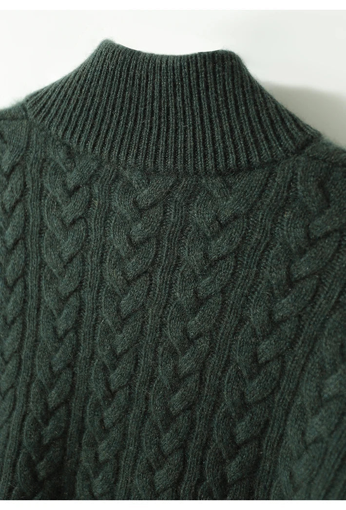 Side view of an elegant cable knit cashmere blend women's sweater, highlighting its relaxed drape