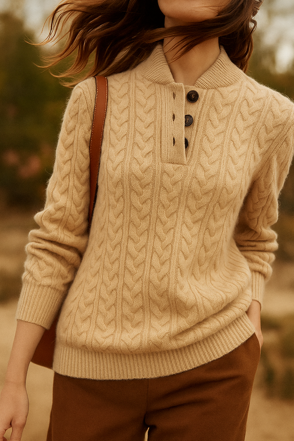 Womens warm cable knit sweater made from a soft cashmere blend, ideal for elegant winter fashion