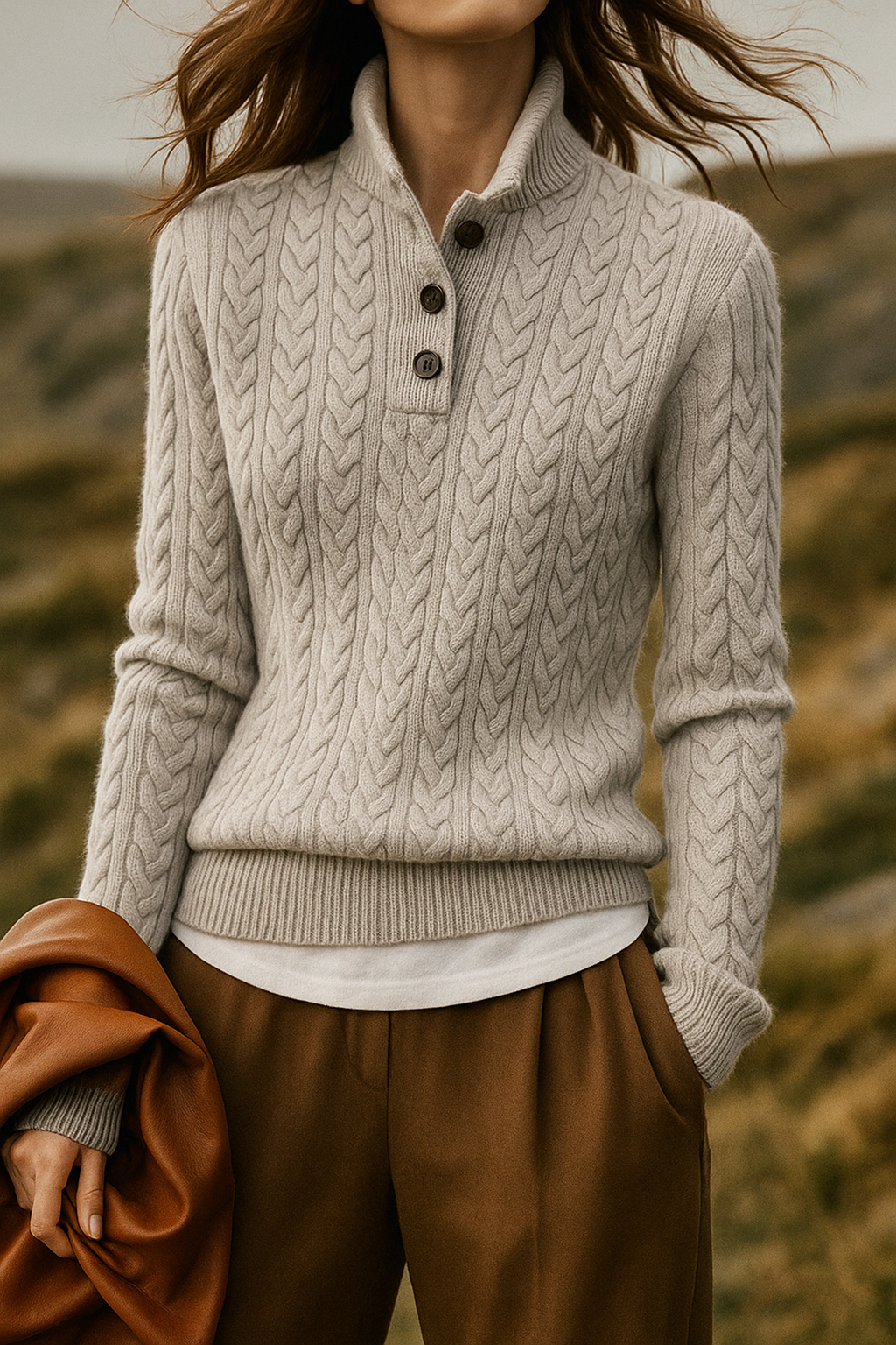 Full-shot of a model wearing a sophisticated cable knit cashmere blend sweater, showcasing its fit