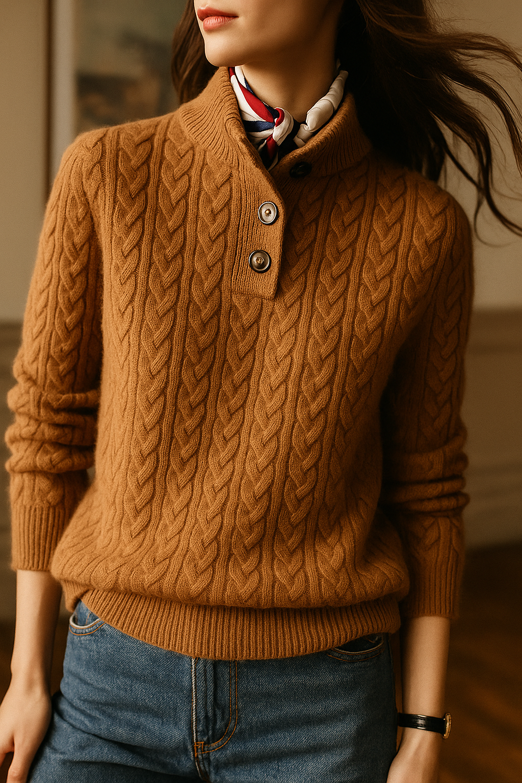 Detail of the ribbed cuffs on an elegant women's cable knit cashmere blend sweater, warm knitwear