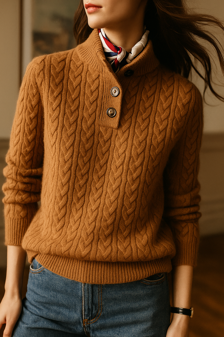 Detail of the ribbed cuffs on an elegant women's cable knit cashmere blend sweater, warm knitwear