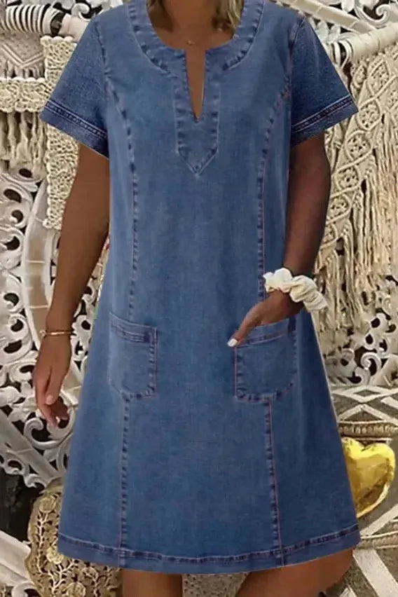 Comfortable & elegant women's classic blue midi dress. A versatile A-line style for formal or casual wear.