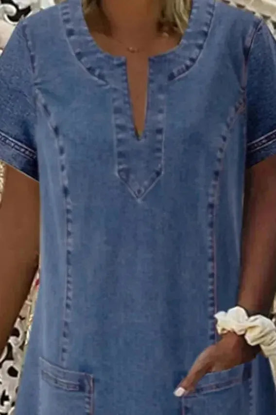 Professional women's elegant classic blue midi dress, a sophisticated A-line work dress for spring & summer.