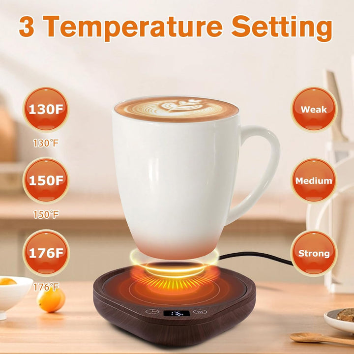 Elegant electric coffee mug warmer set featuring a touch control panel, adjustable temperature, and a large heating plate.