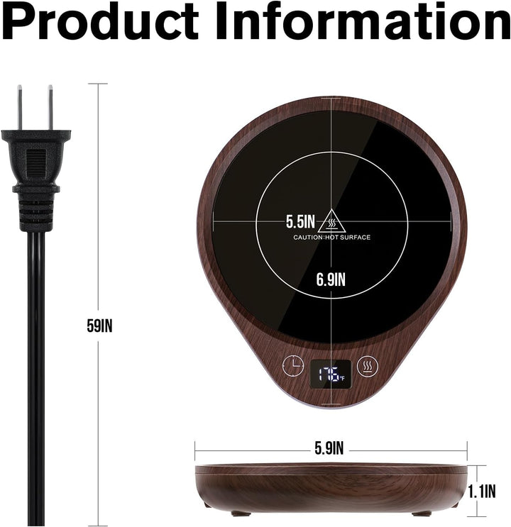 Elegant electric coffee mug warmer set featuring a touch control panel, adjustable temperature, and a large heating plate.