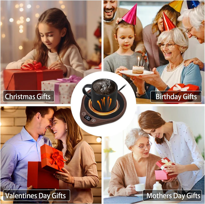 Elegant electric coffee mug warmer set featuring a touch control panel, adjustable temperature, and a large heating plate.