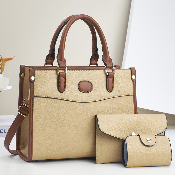 Fashionable 3-in-1 faux leather bag set for women, including a tote, shoulder bag, and wallet.