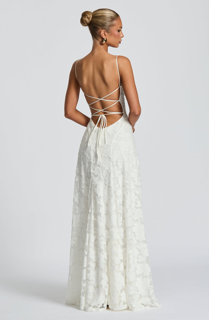 Timeless elegant women's floral A-line maxi dress, sophisticated evening wear for various special events.