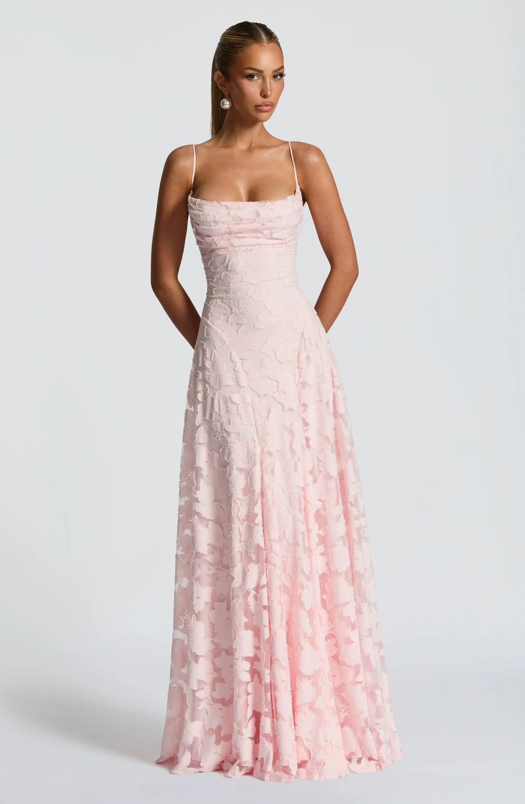 Spaghetti strap elegant floral A-line maxi dress, a women's formal gown for weddings & proms.