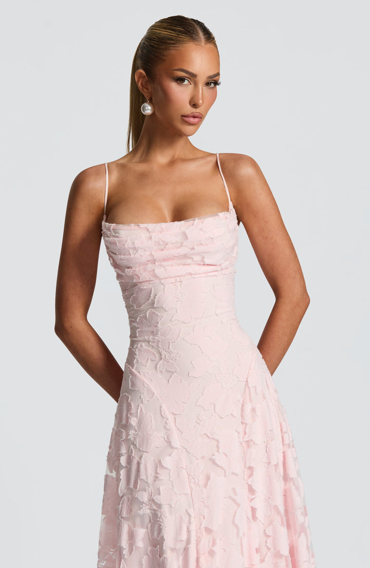 Long elegant floral A-line maxi dress for women, ideal as an evening gown or wedding guest attire.