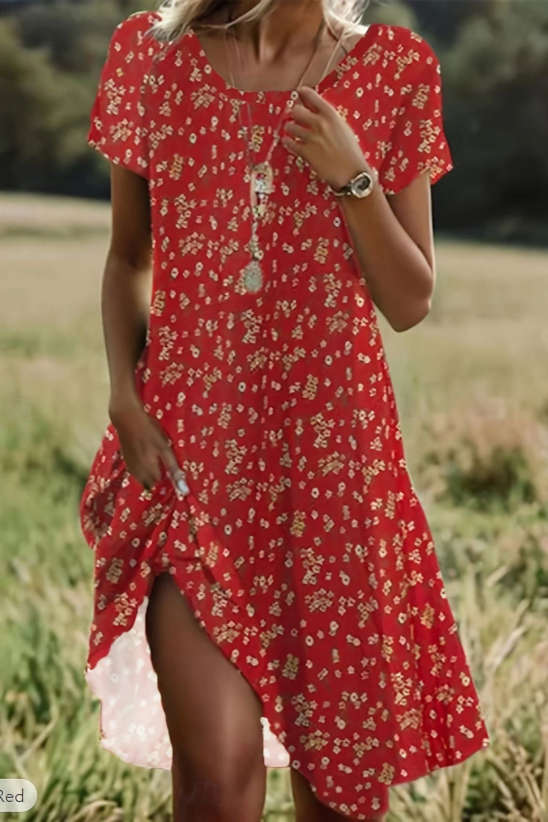 Formal elegant women's midi dress, flowing and comfortable. Relaxed fit, machine washable, great for summer evenings.