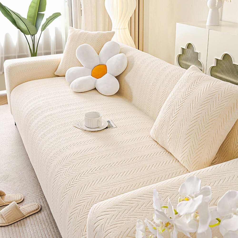 Elegant Herringbone Cream Stretch Couch Cover for All Sizes - Lexians