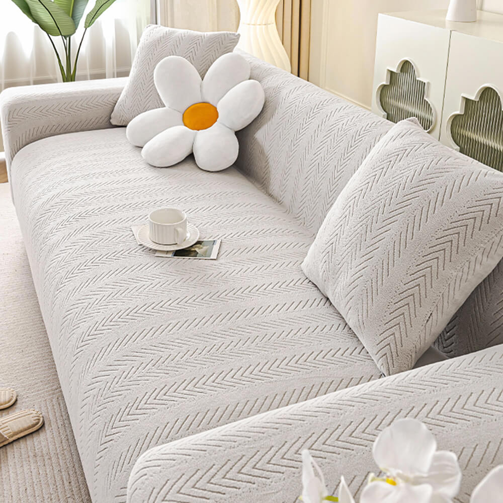 Elegant Herringbone Cream Stretch Couch Cover for All Sizes - Lexians