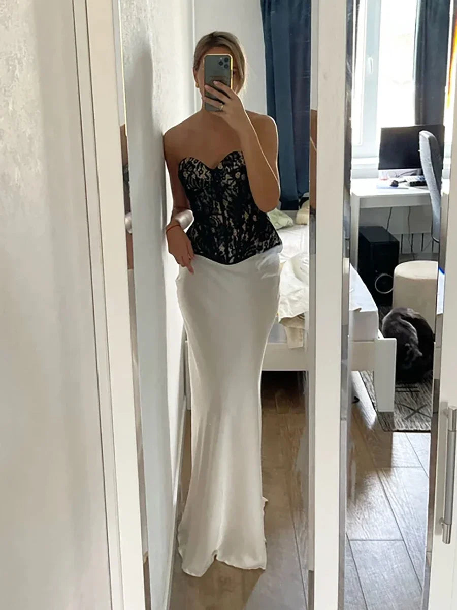 Stunning women's elegant high-waisted fishtail maxi skirt, formal occasion.