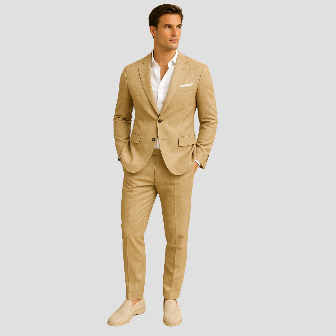Fashionable men's summer suit, a lightweight two-piece perfect for wedding guests and elegant warm weather events.