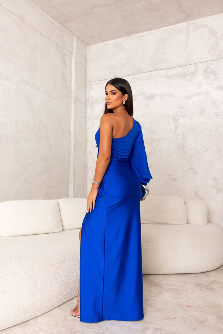 Sophisticated navy ruched maxi dress, perfect for any special occasion.