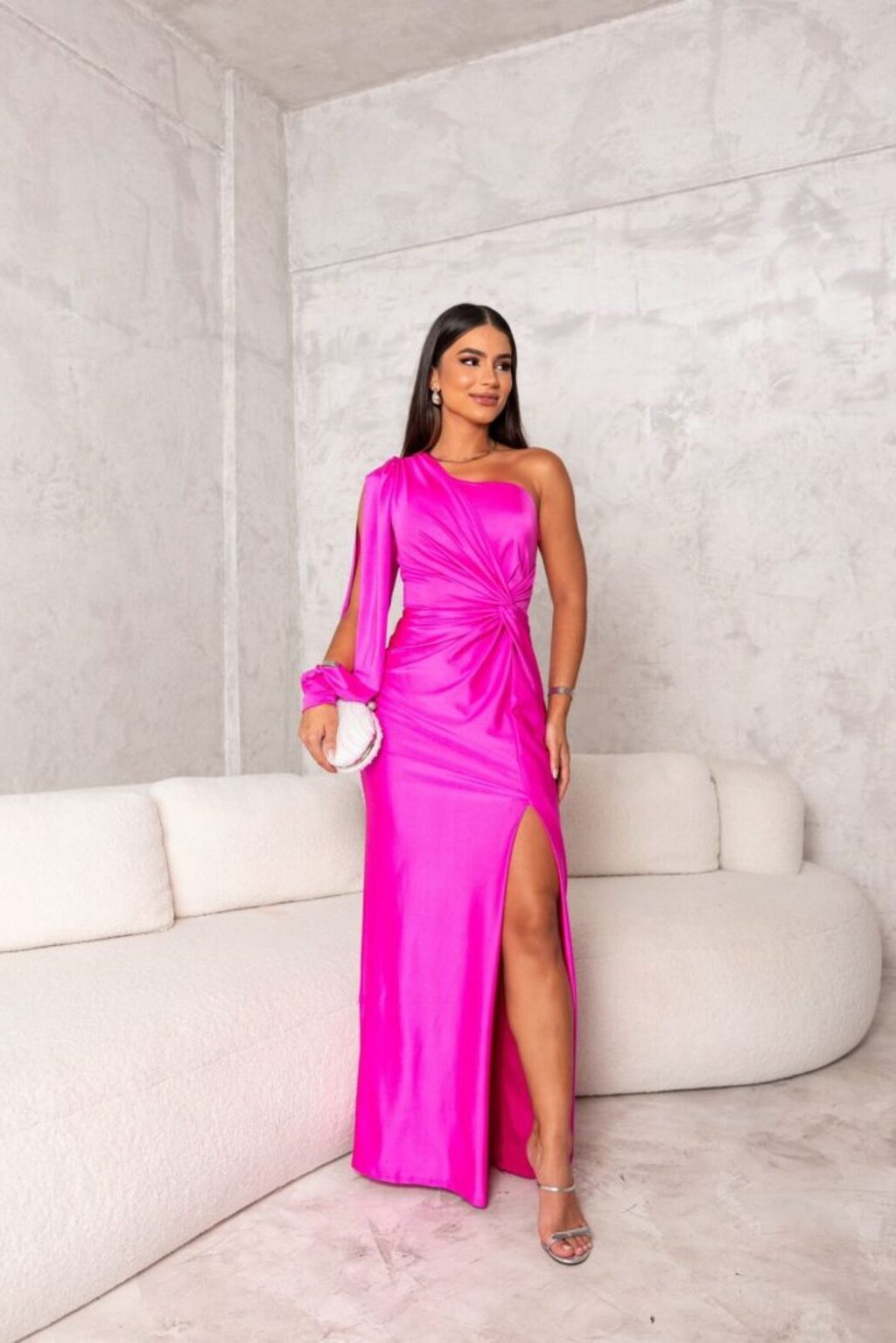 Flattering ruched wedding guest dress, a one shoulder formal maxi gown.