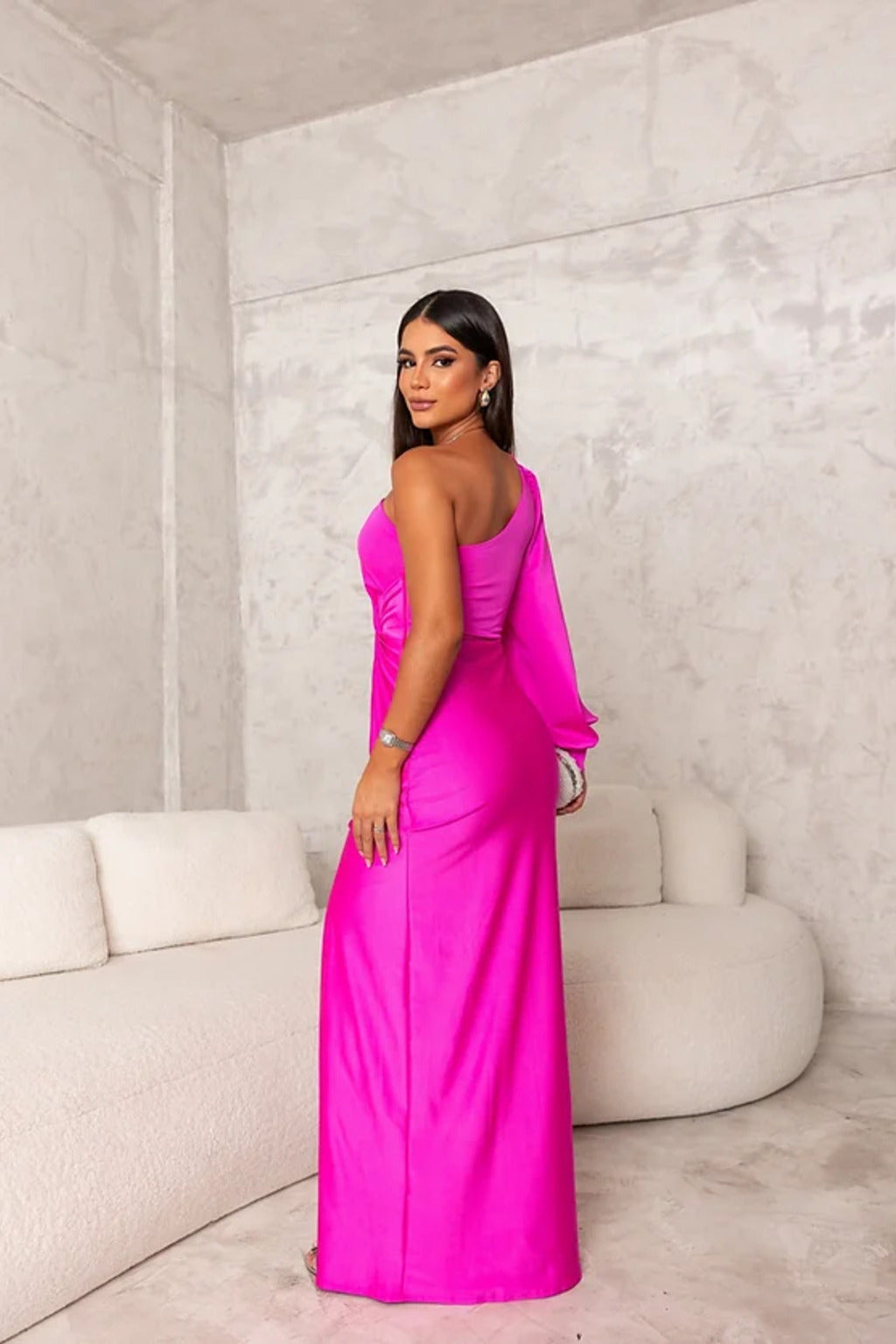Classic one shoulder evening gown, long, elegant, and perfectly ruched.