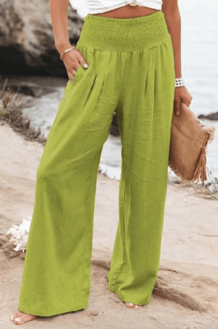 Women's comfortable wide-leg palazzo pants, high-waisted with elegant boho style for summer outfits.