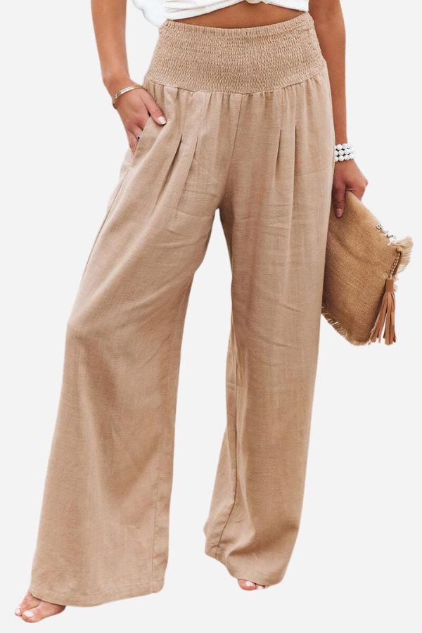 Boho-style women's palazzo pants, featuring a comfortable wide leg and elegant high-waist design.