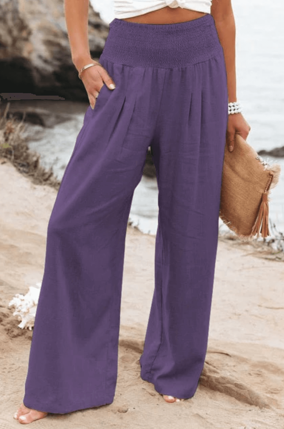 Women's summer palazzo pants, combining comfortable wide-leg fit with chic high-waist boho style.