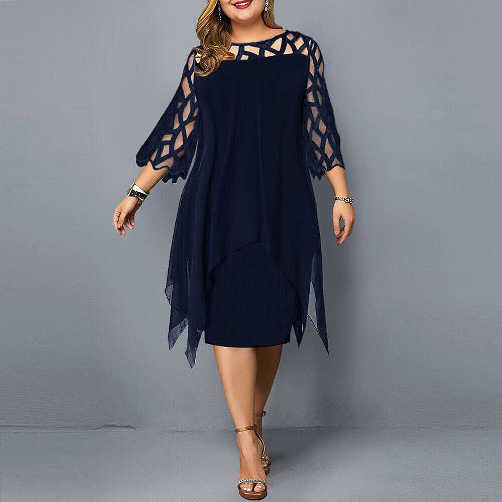 Elegant plus-size lace midi dress with round neckline and lace sleeves; perfect for any occasion.