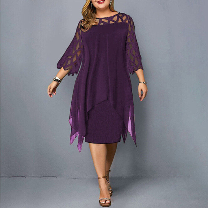 Elegant plus-size lace midi dress with round neckline and lace sleeves; perfect for any occasion.