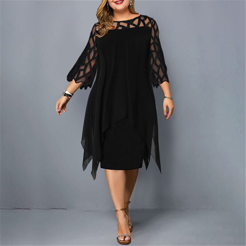 Elegant plus-size lace midi dress with round neckline and lace sleeves; perfect for any occasion.