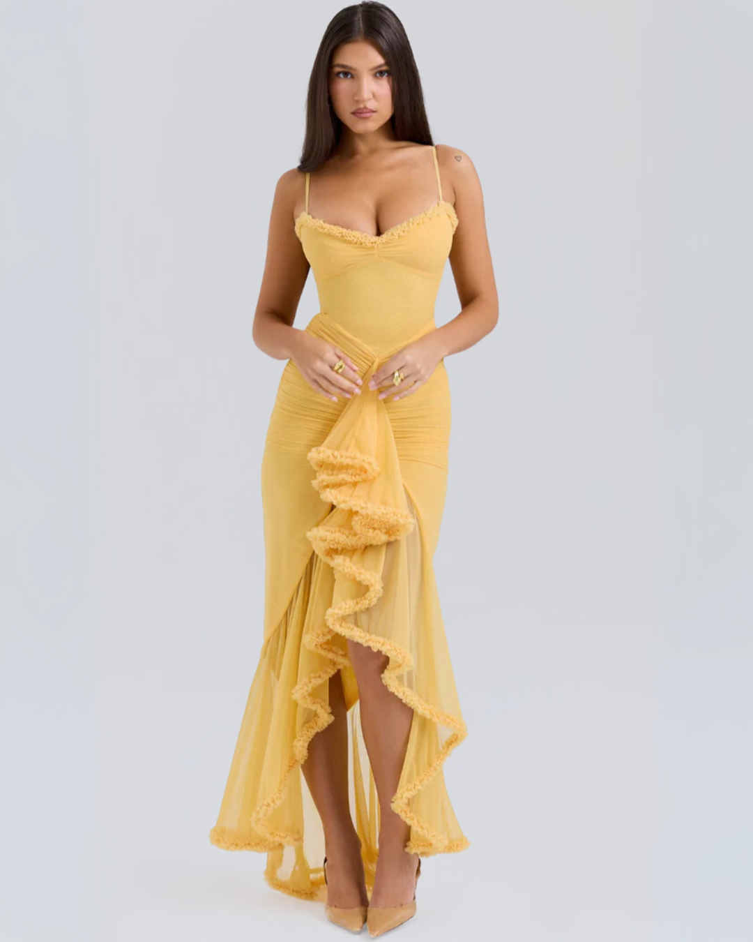 Elegant romantic ruffle maxi dress for women, perfect for special occasions & evening events.