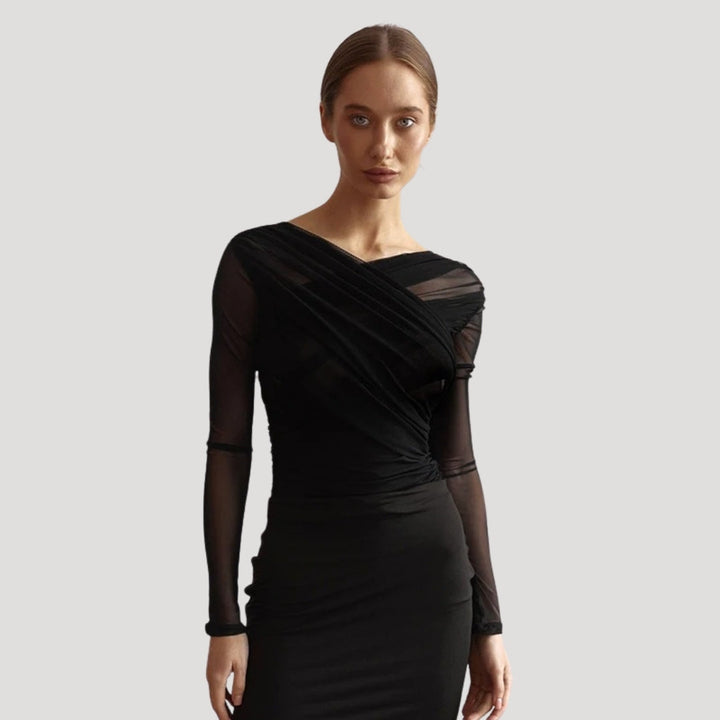 Elegant sheer wrap long-sleeve top for women, perfect for spring fashion.