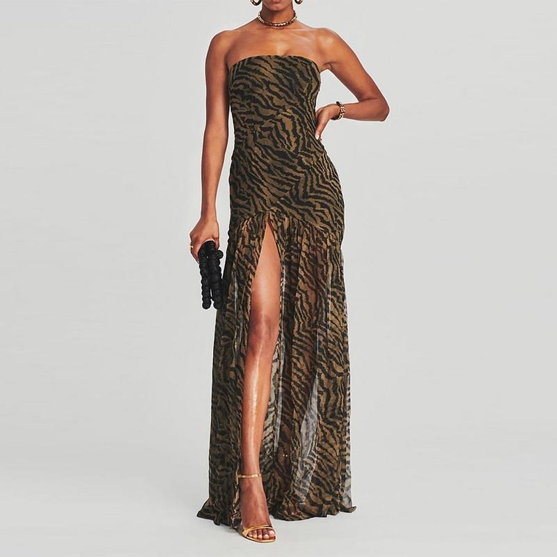 Elegant strapless animal print chiffon maxi dress with a flattering front slit, perfect for summer occasions