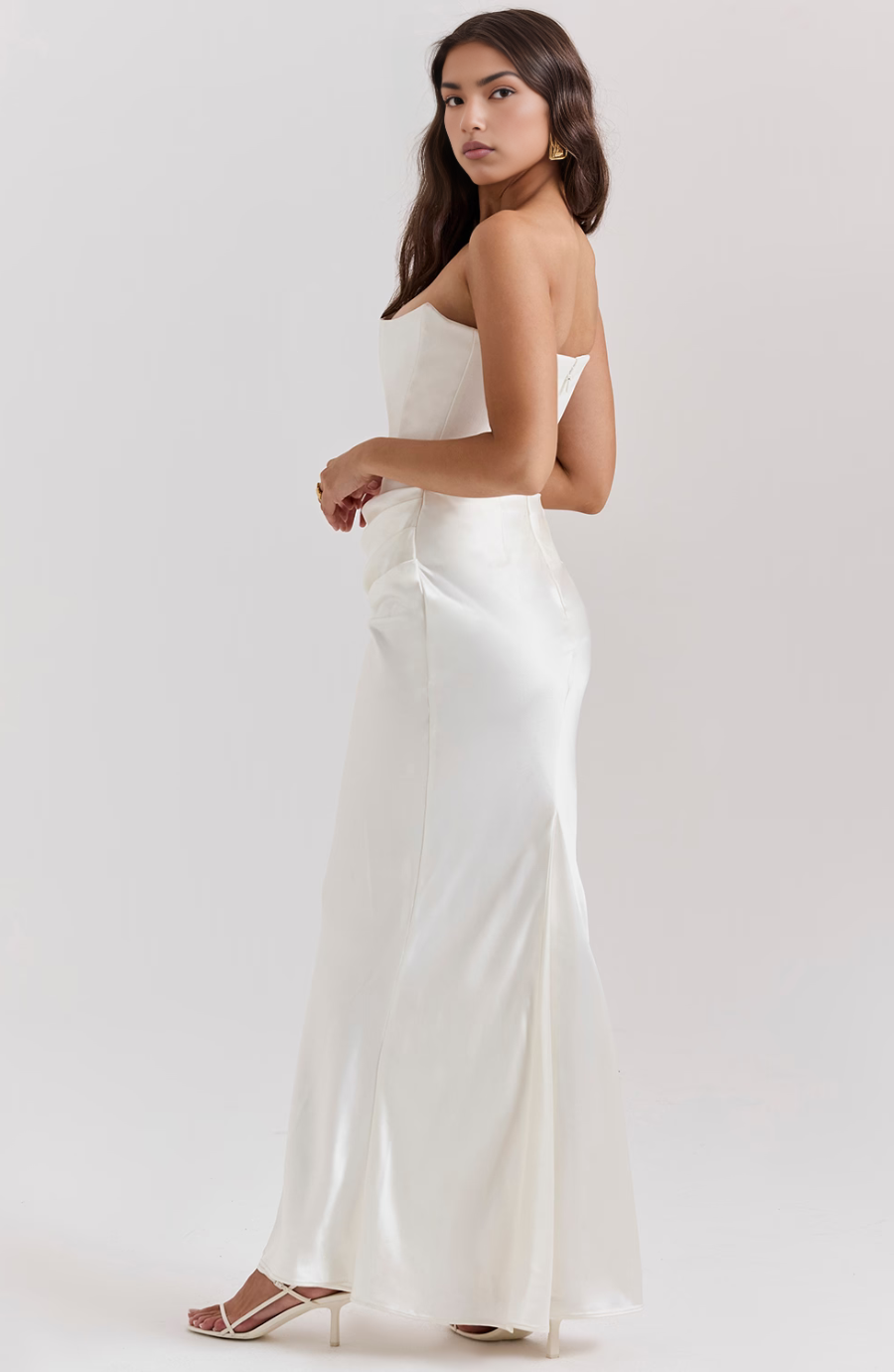 A-line silhouette strapless corset maxi dress, a sophisticated option for evening events.