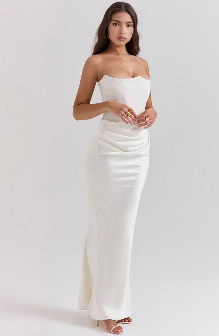 Wedding guest strapless corset maxi dress, a perfect blend of elegance and modern style.