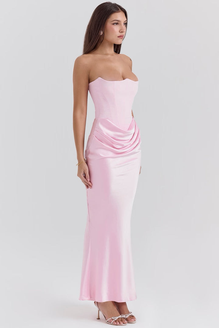 Women's formal strapless corset maxi dress, designed for elegance at evening events.