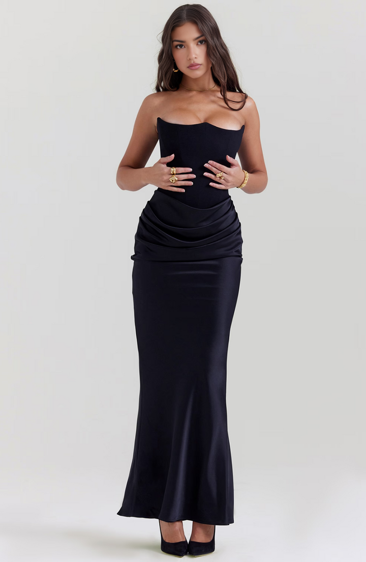 Versatile strapless corset maxi dress for women, suitable for weddings, galas, and parties.